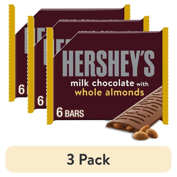 (3 pack) Hershey's Milk Chocolate with Whole Almonds Candy, Bars 1.45 oz, 6 Count