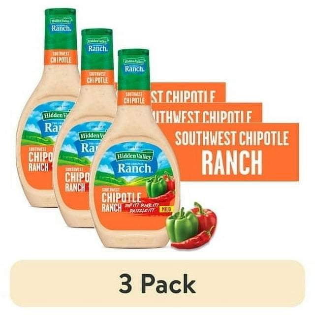 (3 pack) Hidden Valley Southwest Chipotle Ranch Topping and Dressing, 16 Fluid Ounce Bottle