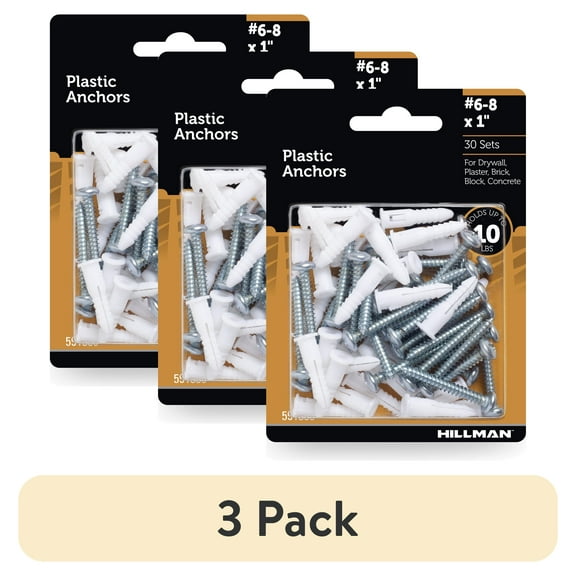 (3 pack) Hillman Multi-Material Ribbed Anchor Screws, #6-8 x 1", Plastic and Steel, 10 lbs, White, 30 sets