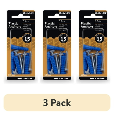 (3 pack) Hillman Multi-Material Ribbed Anchor Screws, #8-10 x 1-1/4", Plastic and Steel, 15 lbs, Blue, 6 sets