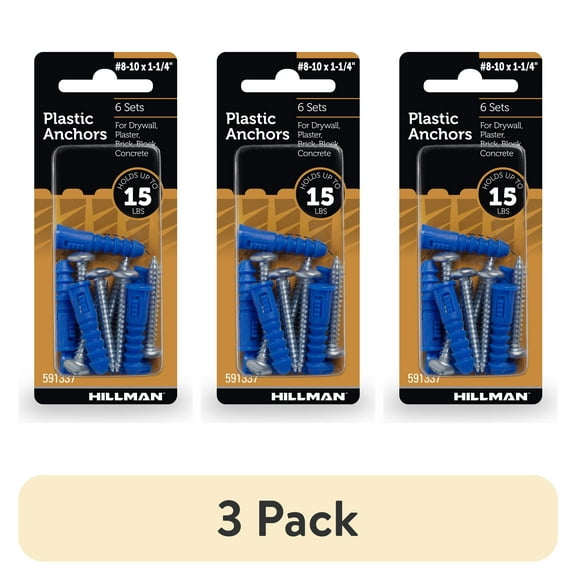 (3 pack) Hillman Multi-Material Ribbed Anchor Screws, #8-10 x 1-1/4", Plastic and Steel, 15 lbs, Blue, 6 sets