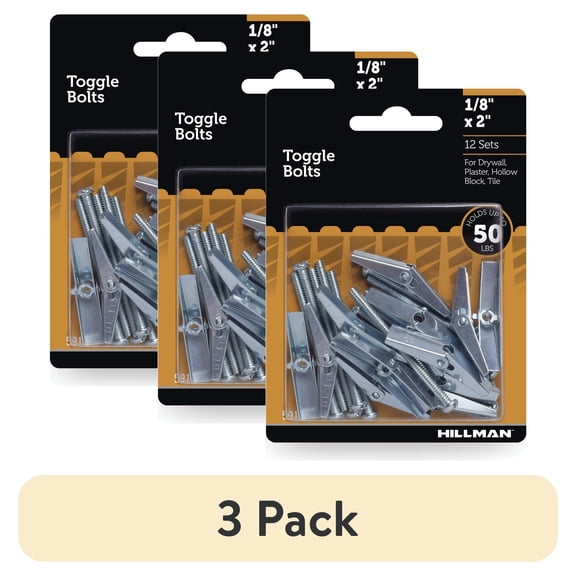 (3 pack) Hillman Toggle Bolts, 1/8" x 2", Steel, Multi-Material, 50 lbs, Zinc, Silver, 12 pack