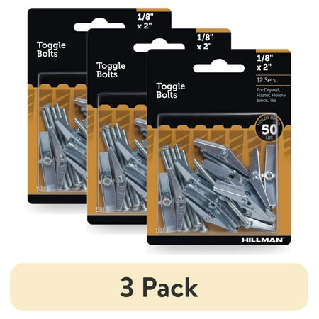 (3 pack) Hillman Toggle Bolts, 1/8" x 2", Steel, Multi-Material, 50 lbs, Zinc, Silver, 12 pack