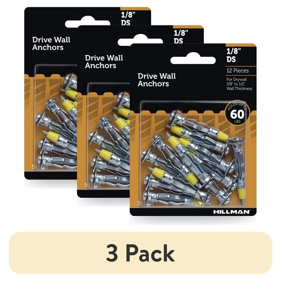 (3 pack) Hillman Drywall Anchor Screws, 1/8" x DS, Steel, Zinc, Corrosion Resistant, 60 lbs, Silver, 12 sets
