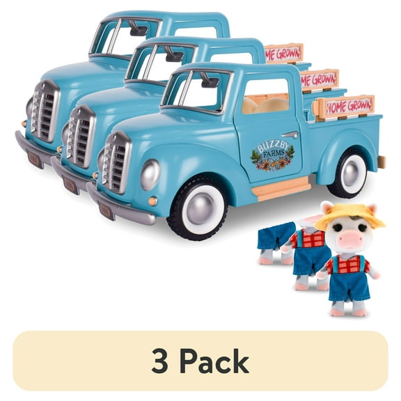 (3 pack) Honey Bee Acres Buzzby Farm Truck – Toy Vehicle with Miniature Food Accessories and Cow Figure – Seats 4 Dolls – Dolls for Kids Ages 3+
