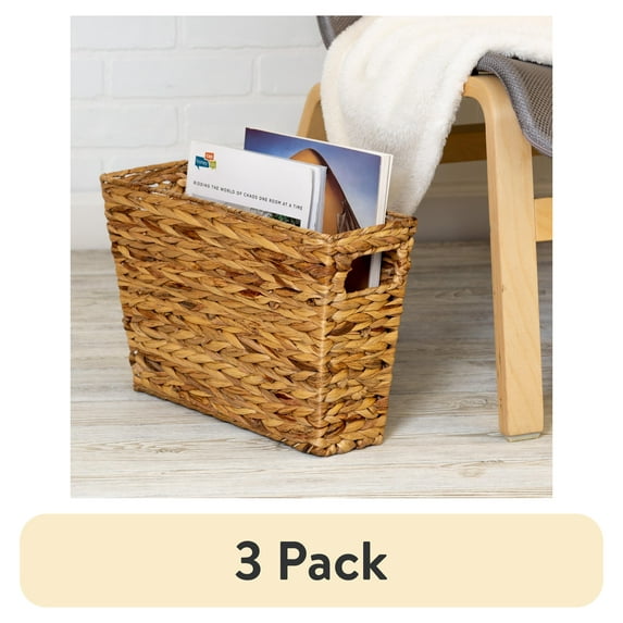 (3 pack) Honey-Can-Do Water Hyacinth Wicker Magazine Storage Basket with Cut-out Handles, Natural
