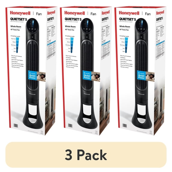 (3 pack) Honeywell 40 inch Bedroom and Living Room Black Oscillating QuietSet Tower Fan with 5 Levels of Quiet, Remote Control, and Powerful Airflow HYF260B