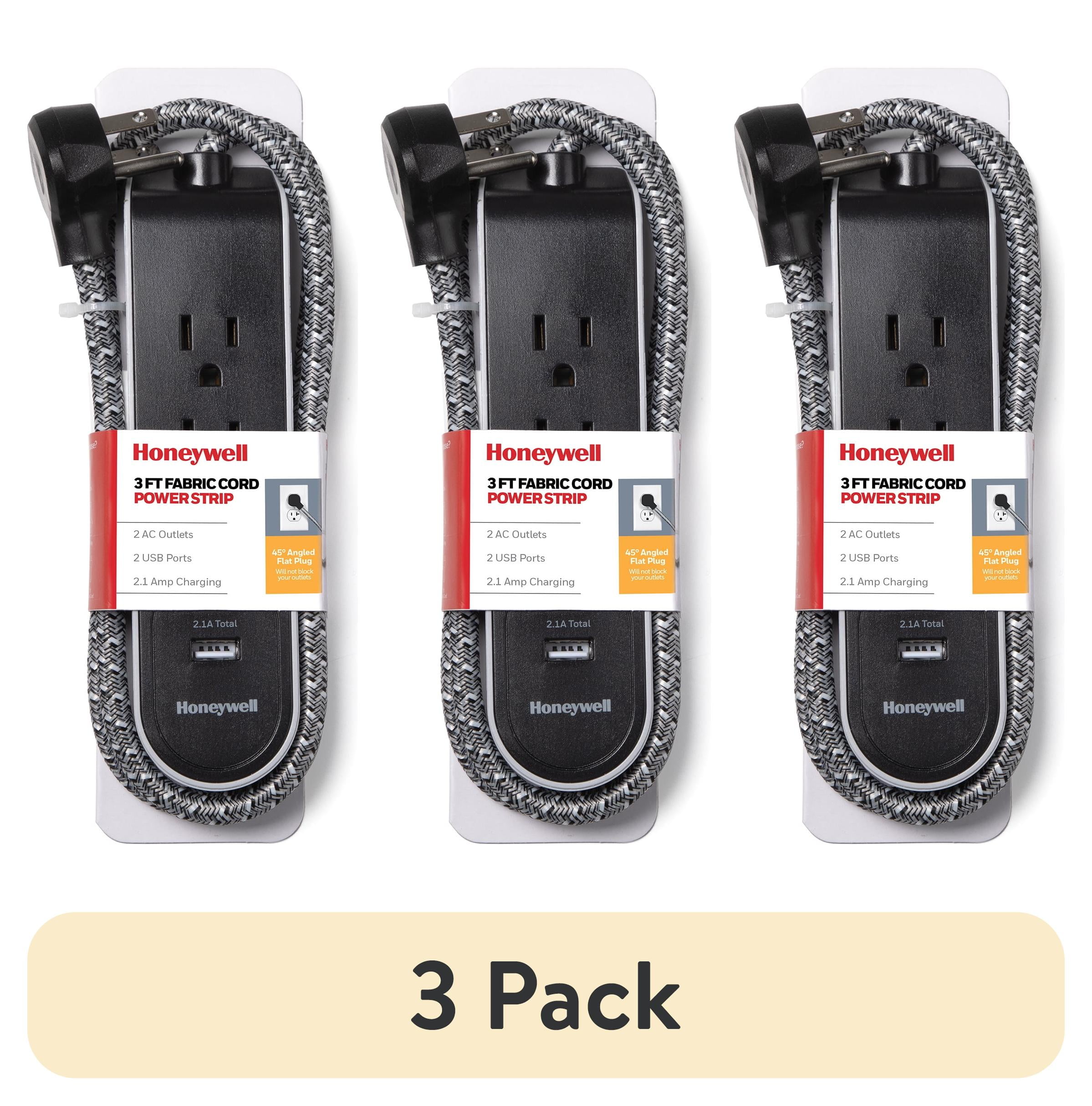 (3 pack) Honeywell 3 ft. Fabric Power Strip with 2 AC & 2 USB Ports (2.1A), 45° Angled Flat Plug (Black/Gray)
