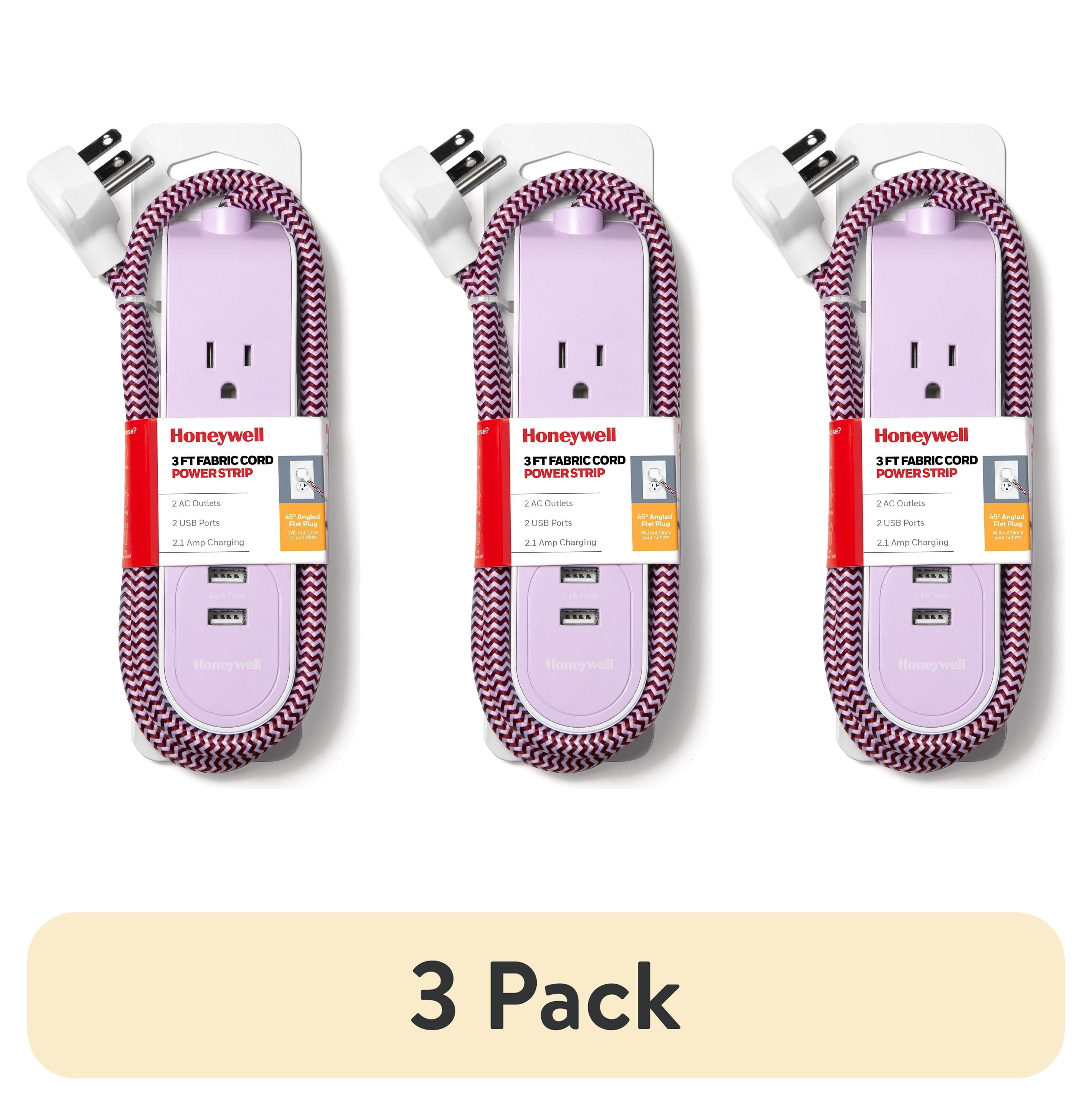 (3 pack) Honeywell Powerstrip with 2 AC Outlets, 2 USB Ports, 3 ft. Fabric Cord (Lavendar/White)