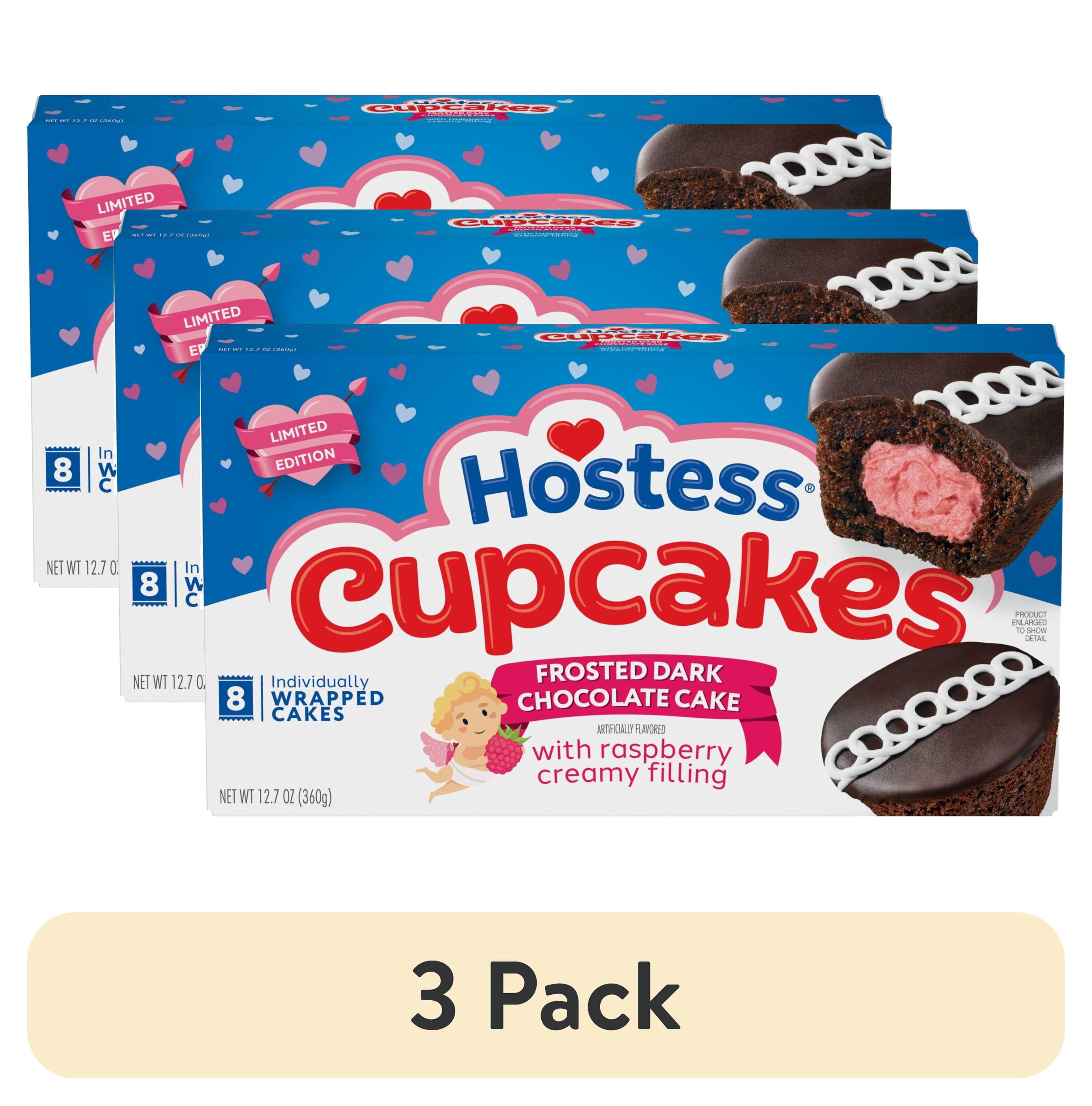 (3 pack) Hostess Cupcakes, Dark Chocolate Snack Cakes with Raspberry Artificially Flavored Filling, 12.7 oz Box (8 Pouches)