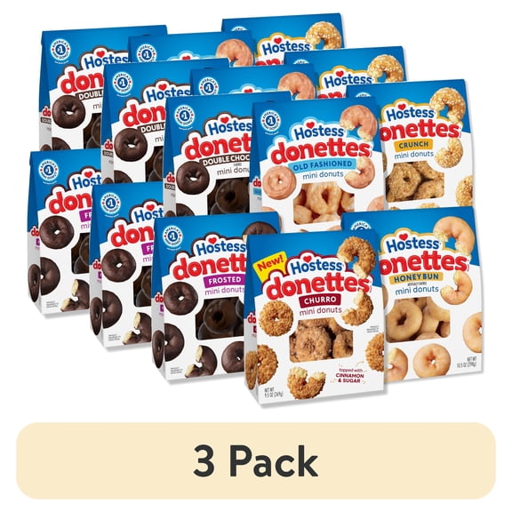 (3 pack) Hostess Donettes Variety Pack Big Bags 6 Flavors, Frosted, Double Chocolate, Old Fashioned, Honey Bun, Crunch & Churro