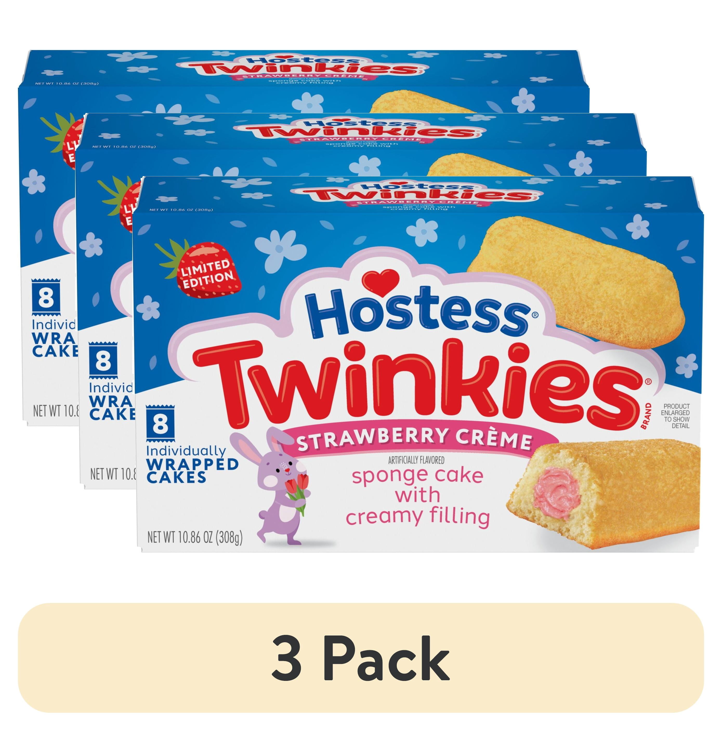 (3 pack) Hostess Twinkies, Golden Sponge Cakes with Artificially Flavored Strawberry Crème Filling, 10.86 oz Box (8 Pouches)