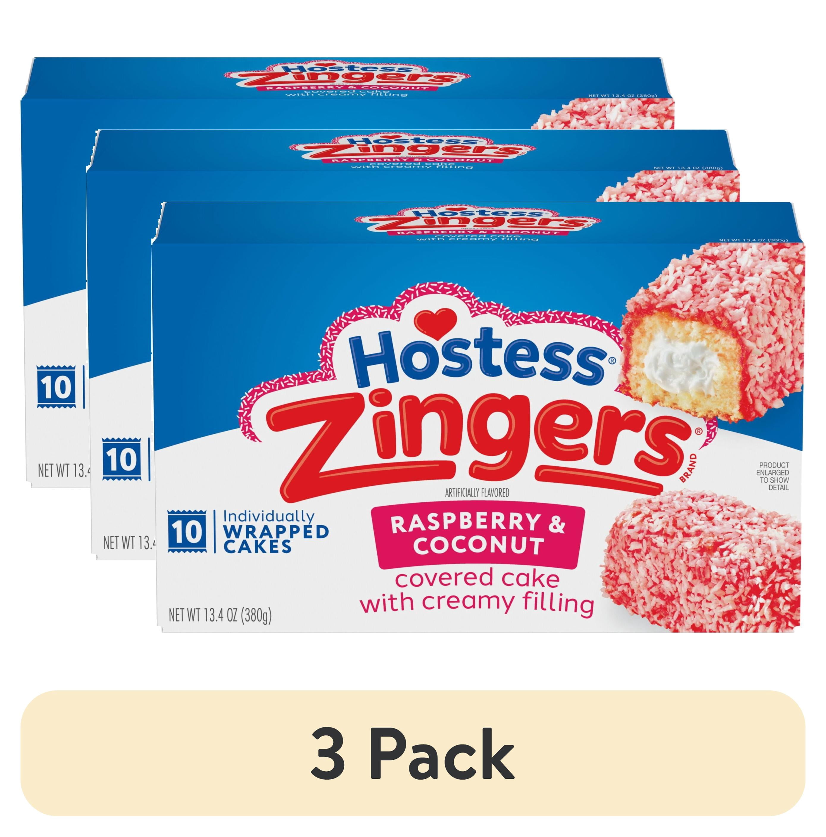 (3 pack) Hostess Zingers Snack Cakes, Raspberry & Coconut Covered Cake with Crème Filling, 10 Count, 13.4 oz Box
