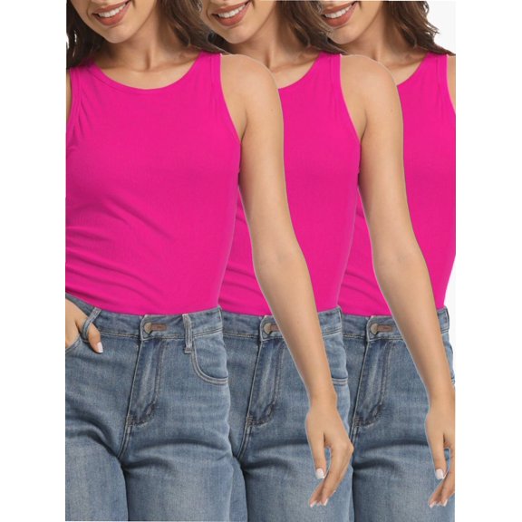 3-pack Hotpink Womens Sleeveless Racerback High Neck Casual Basic Ribbed Fitted Tank Top
