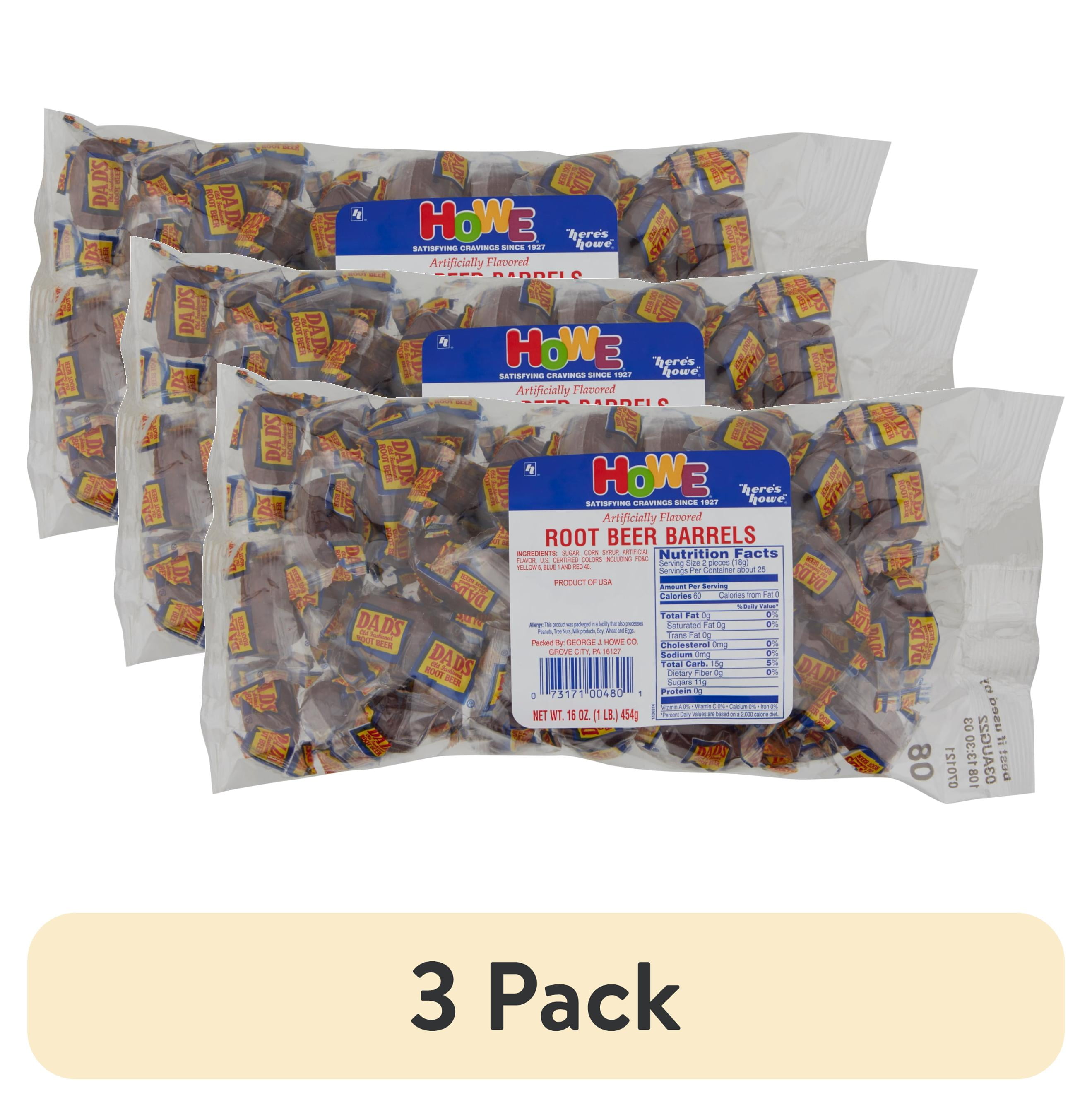 (3 pack) Howe Root Beer Barrels Hard Candy, 16 oz, Bag