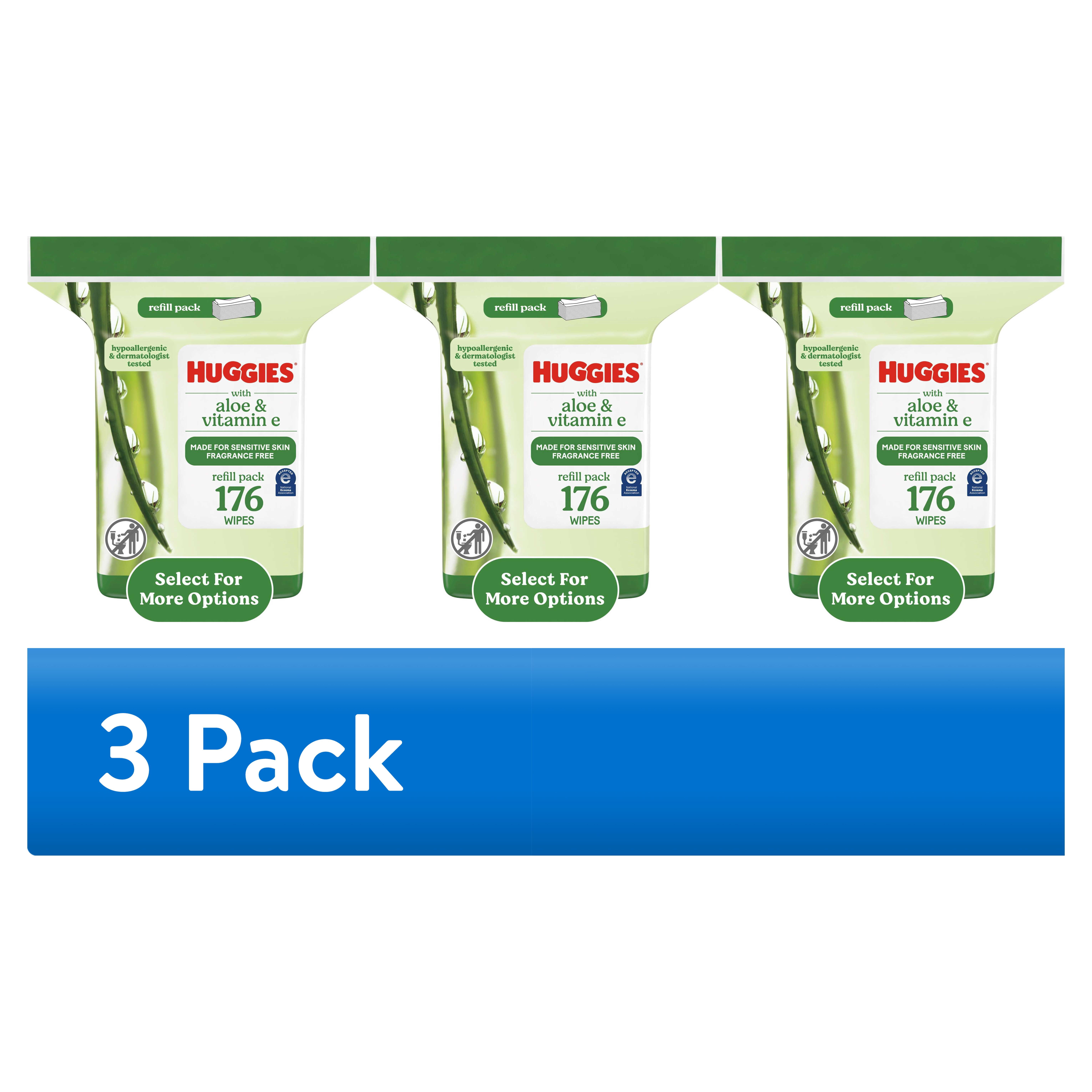 (3 pack) Huggies Wipes with Aloe & Vitamin E, Unscented, 1 Refill Pack, 176 Total Count