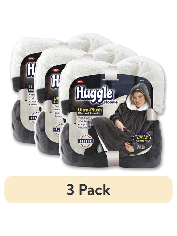 (3 pack) (3 pack) Huggle Blanket Hoodie, Ultra Plush Blanket, Wearable Blanket for Men and Women, One Size, Grey