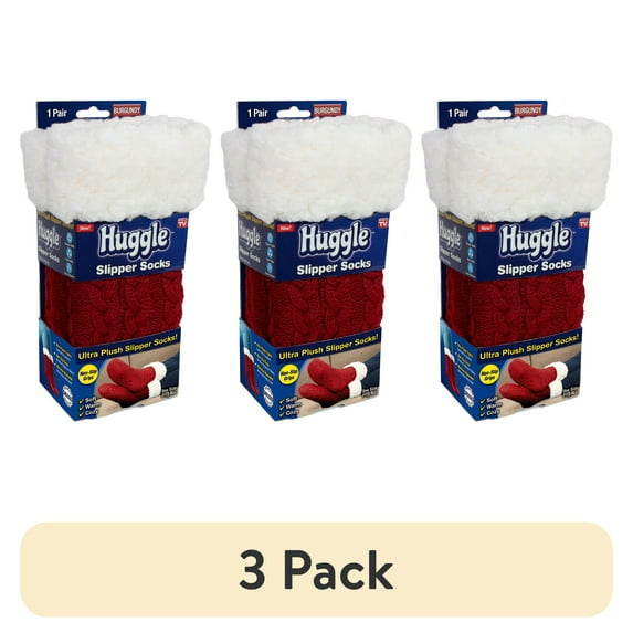 (3 pack) Huggle Slipper Socks, Ultra Plush Cable-Knit Non Slip Socks, Fleece Lined, One Size Unisex, Burgundy