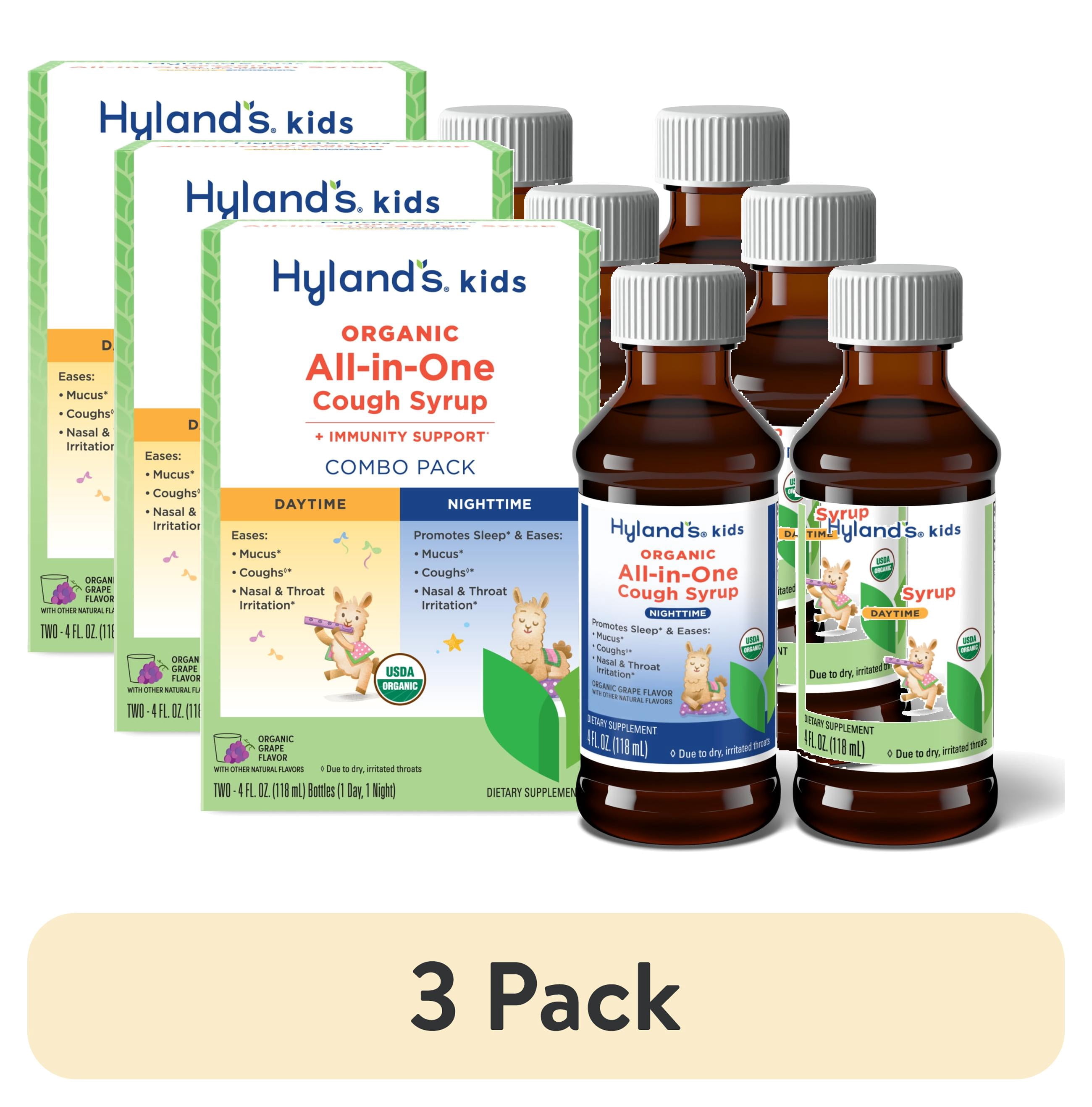 (3 pack) Hyland's Kids Organic All-in-One Cough Syrup, Ages 1-12, Day & Night Combo Pack, Grape, 8 fl oz