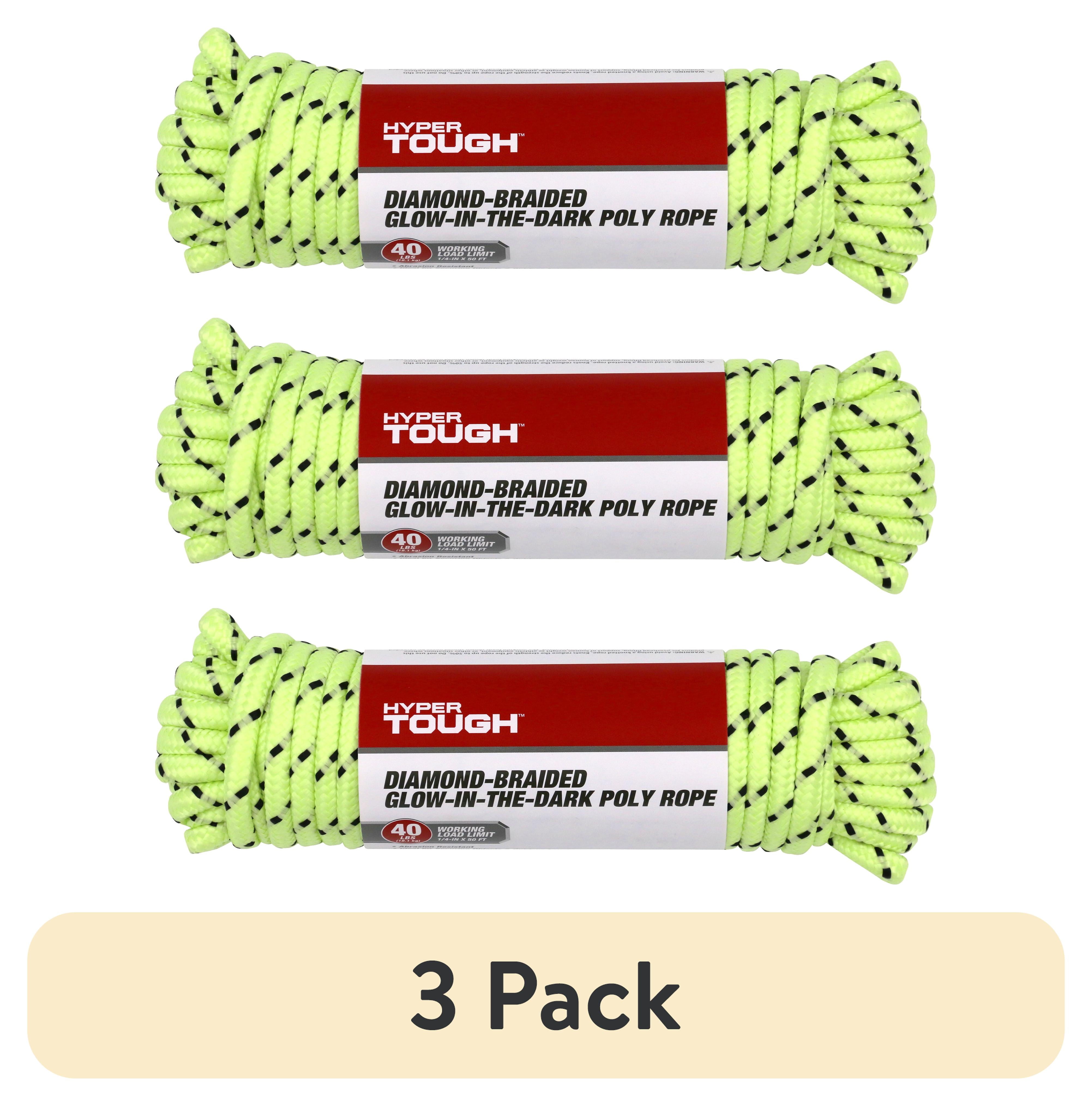 (3 pack) Hyper Tough 1/4 inch Glow-in-Dark Polypropylene Diamond-Braid Rope, 50 feet, Green