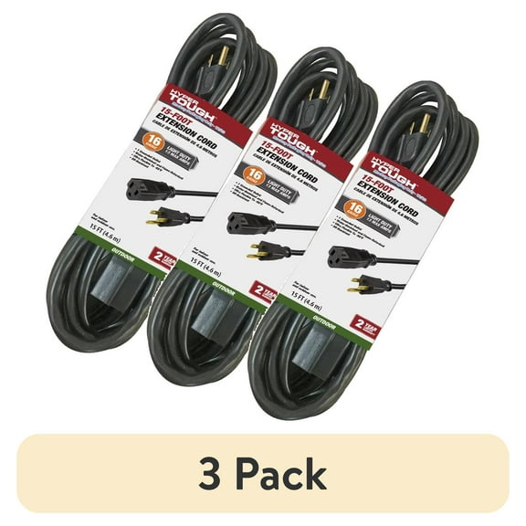 (3 pack) Hyper Tough 15FT 16AWG 3 Prong Black Outdoor/Indoor Use Single Outlet Extension Cord, 13 amps