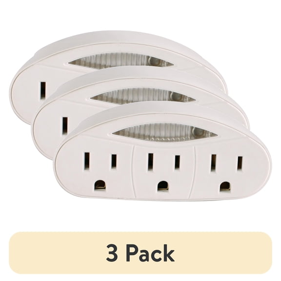 (3 pack) Hyper Tough 3-Outlet Grounded Indoor White Tap with Night Light, 15 Amps