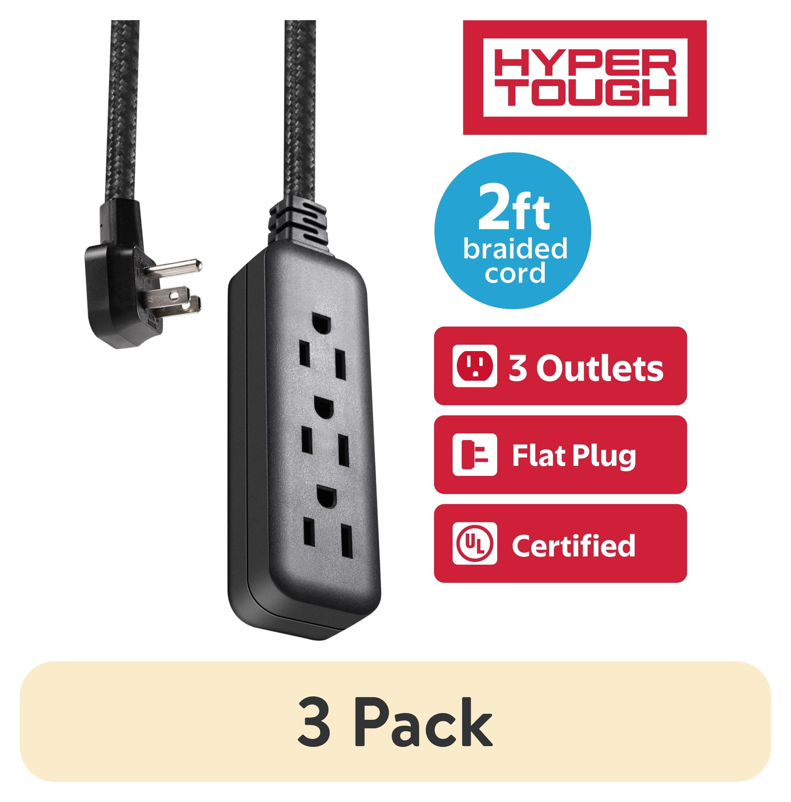 (3 pack) Hyper Tough Flat Plug Extension Cord, 2 ft Braided Cord, 3 Outlets, 3 Prong Grounded, Indoor, Black