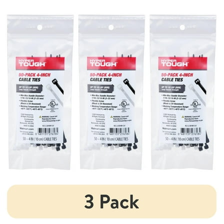 (3 pack) Hyper Tough 4 inch 18lb Cable Ties Natural and UV Resistant Black 50 Count