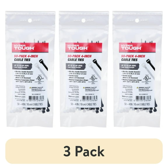(3 pack) Hyper Tough 4 inch 18lb Cable Ties Natural and UV Resistant Black 50 Count