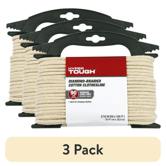 (3 pack) Hyper Tough 100ft Natural Color Cotton Clothes Line for Indoor and Outdoor