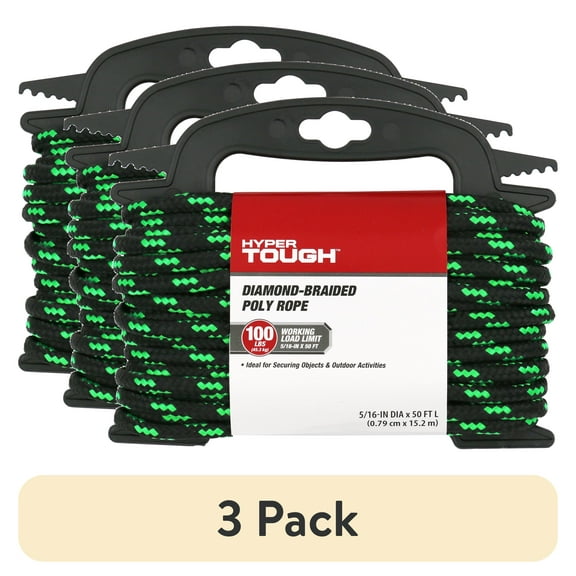 (3 pack) Hyper Tough 5/16” Diamond Braided Polypropylene Rope 50 feet, Black and Green