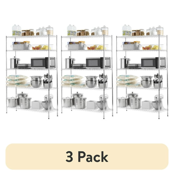 (3 pack) Hyper Tough 5-Tier Heavy Duty Multipurpose Wire Shelving Rack Chrome 3000 lbs Capacity