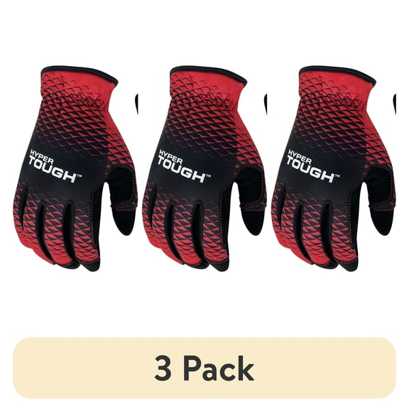 (3 pack) Hyper Tough All Purpose Performance Work Gloves, Synthetic Leather, Black and Red, Adult, Unisex, Medium