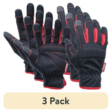 (3 pack) Hyper Tough Black Synthetic Leather Touch Screen Utility Glove, Men's Large