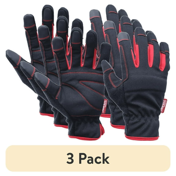 (3 pack) Hyper Tough Black Synthetic Leather Touch Screen Utility Glove, Men's Large