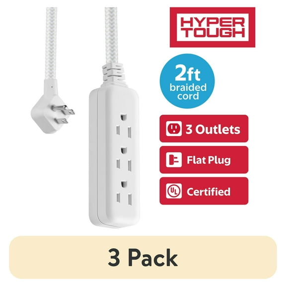 (3 pack) Hyper Tough Flat Plug Extension Cord, 2 ft Braided Cord, 3 Outlets, 3 Prong Grounded, Indoor, White