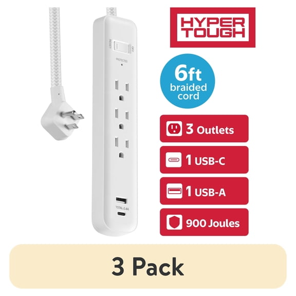 (3 pack) Hyper Tough Surge Protector Power Strip with USB-A & USB-C, 3 Outlets, 6 ft Extension Cord, White