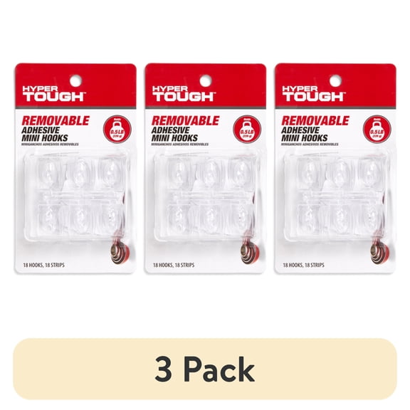 (3 pack) Hyper Tough Mini Removable Self-Adhesive Hooks, Square Plastic Hooks for Hanging Towels and Jackets, with 18 Adhesive Strips, 0.5 lbs Capacity, Clear, 18 Pc