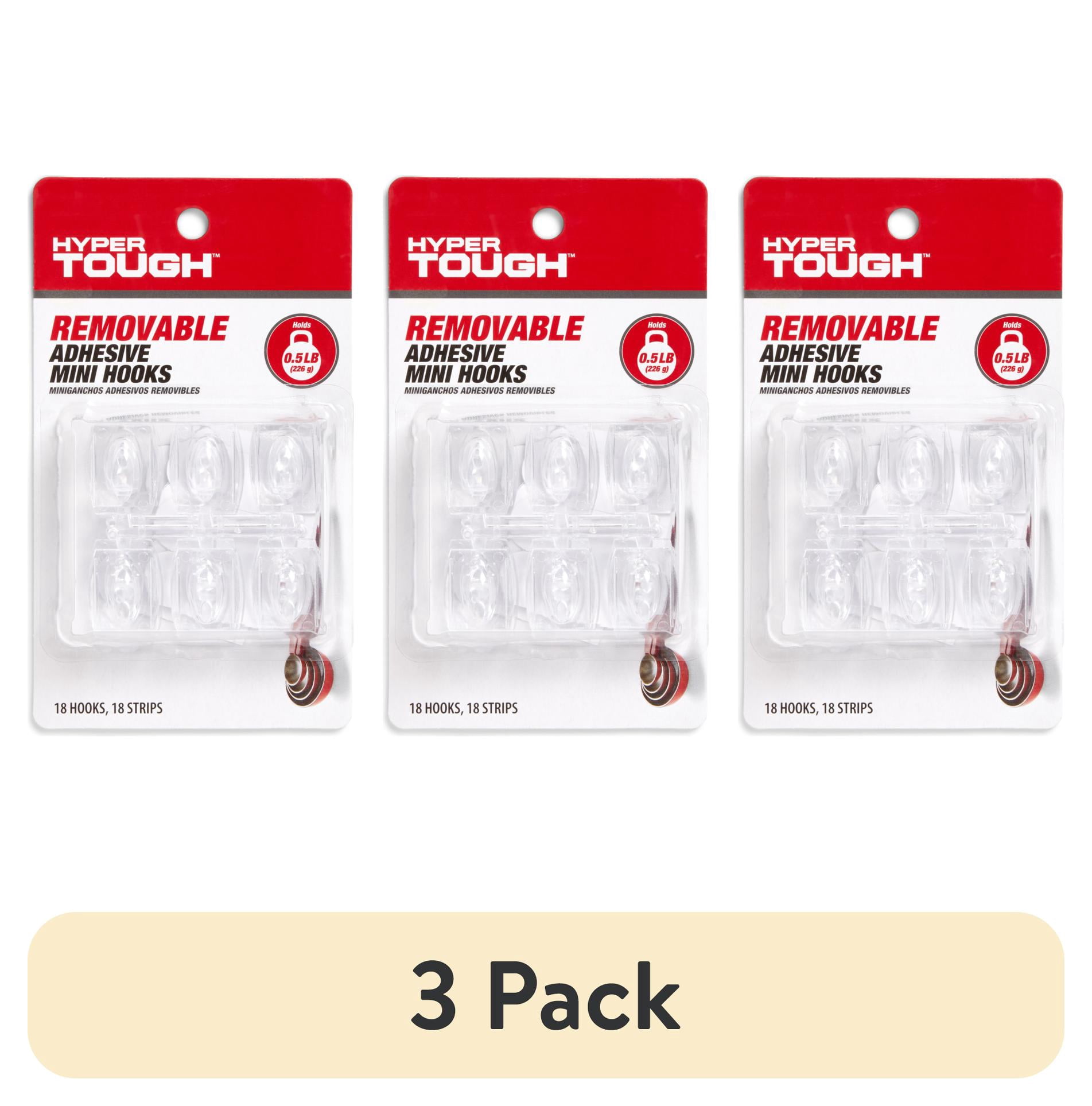 (3 pack) Hyper Tough Mini Removable Self-Adhesive Hooks, Square Plastic Hooks for Hanging Towels and Jackets, with 18 Adhesive Strips, 0.5 lbs Capacity, Clear, 18 Pc