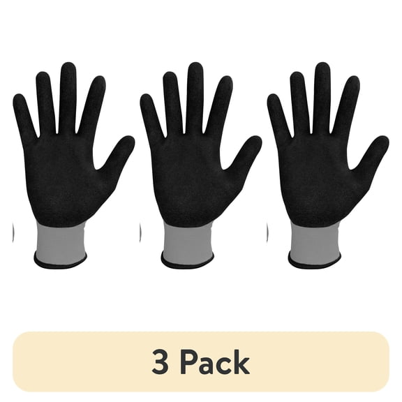 (3 pack) Hyper Tough Performance Grip Gloves, ANSI, Nitrile, Nylon, Spandex, Gray, Large