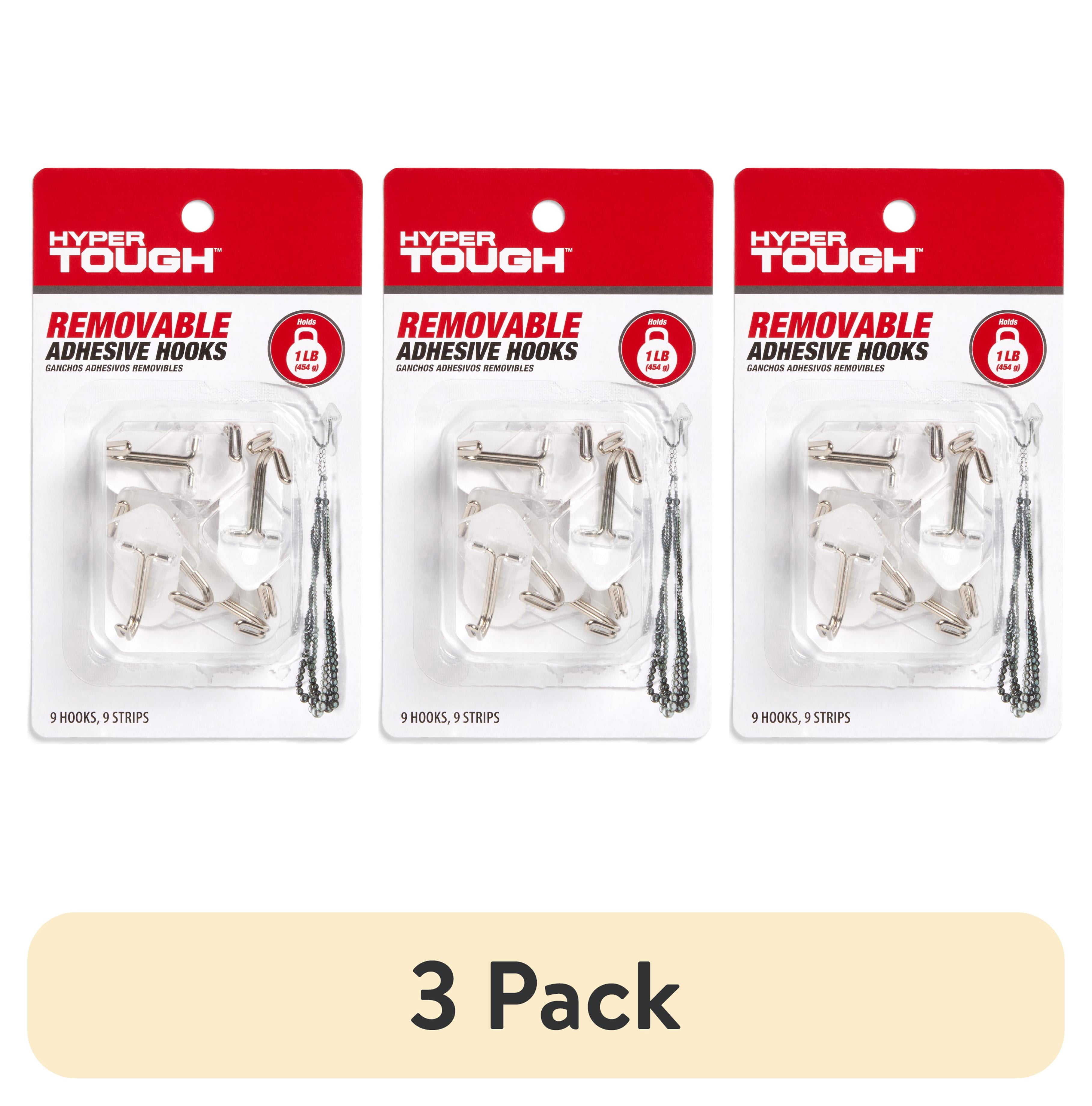 (3 pack) Hyper Tough Medium Removable Hinged Hooks, Plastic Clear Hooks for Hanging Keys, with 3 Adhesive Strips, 1 lb Capacity, White, 9 Pc