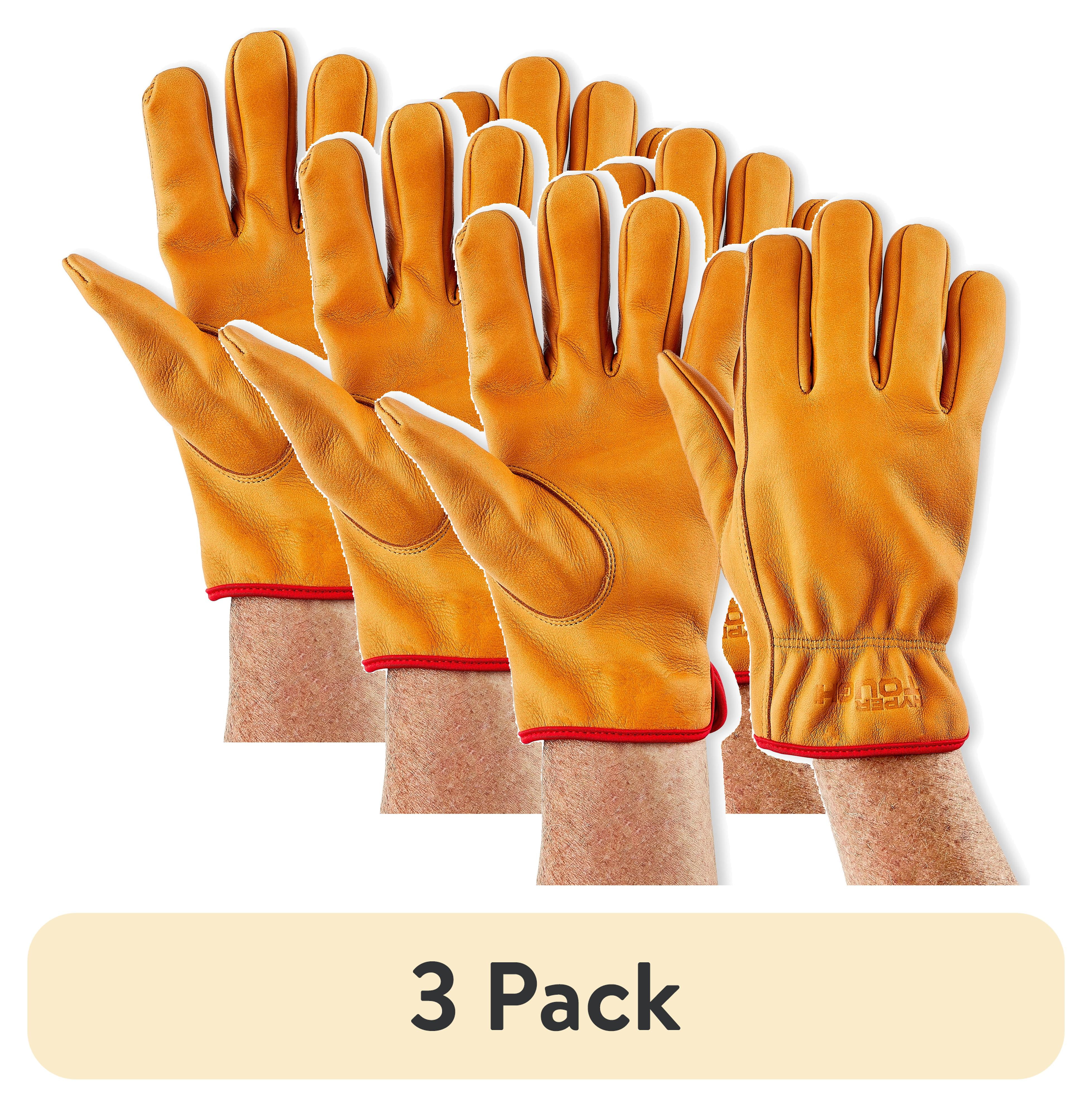 (3 pack) Hyper Tough Water Resistant Men's Cowhide Leather Work Gloves, Brown, Size Large