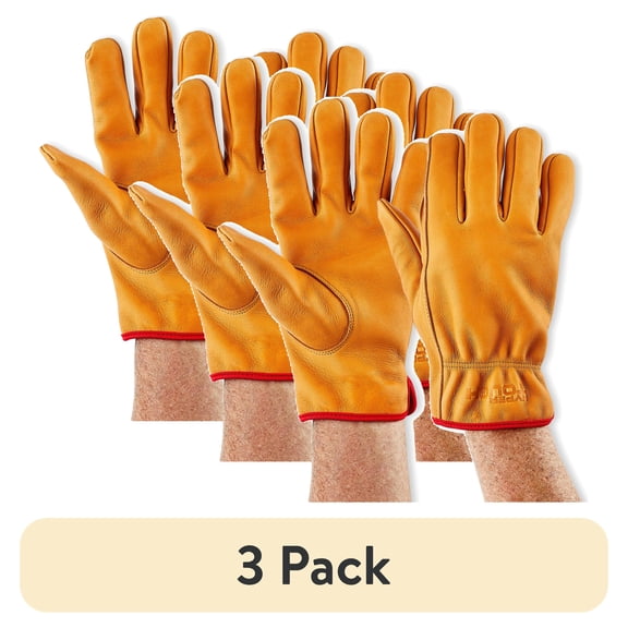 (3 pack) Hyper Tough Water Resistant Men's Cowhide Leather Work Gloves, Brown, Size Large