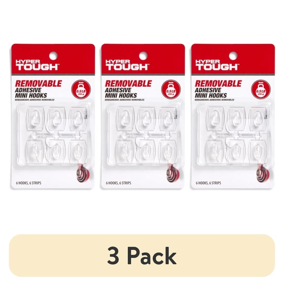 (3 pack) Hyper Tough Mini Removable Self-Adhesive Hooks, Square Plastic Hooks for Hanging Towels and Jackets, with 6 Adhesive Strips, 0.5 lbs Capacity, Clear, 6 Pc