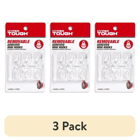 (3 pack) Hyper Tough Mini Removable Self-Adhesive Hooks, Square Plastic Hooks for Hanging Towels and Jackets, with 6 Adhesive Strips, 0.5 lbs Capacity, Clear, 6 Pc