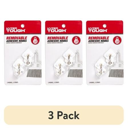 (3 pack) Hyper Tough Medium Removable Hinged Hooks, Oval Plastic Hooks for Hanging Keys, with 2 Strips, 1 lb Capacity, White, 2 Pc