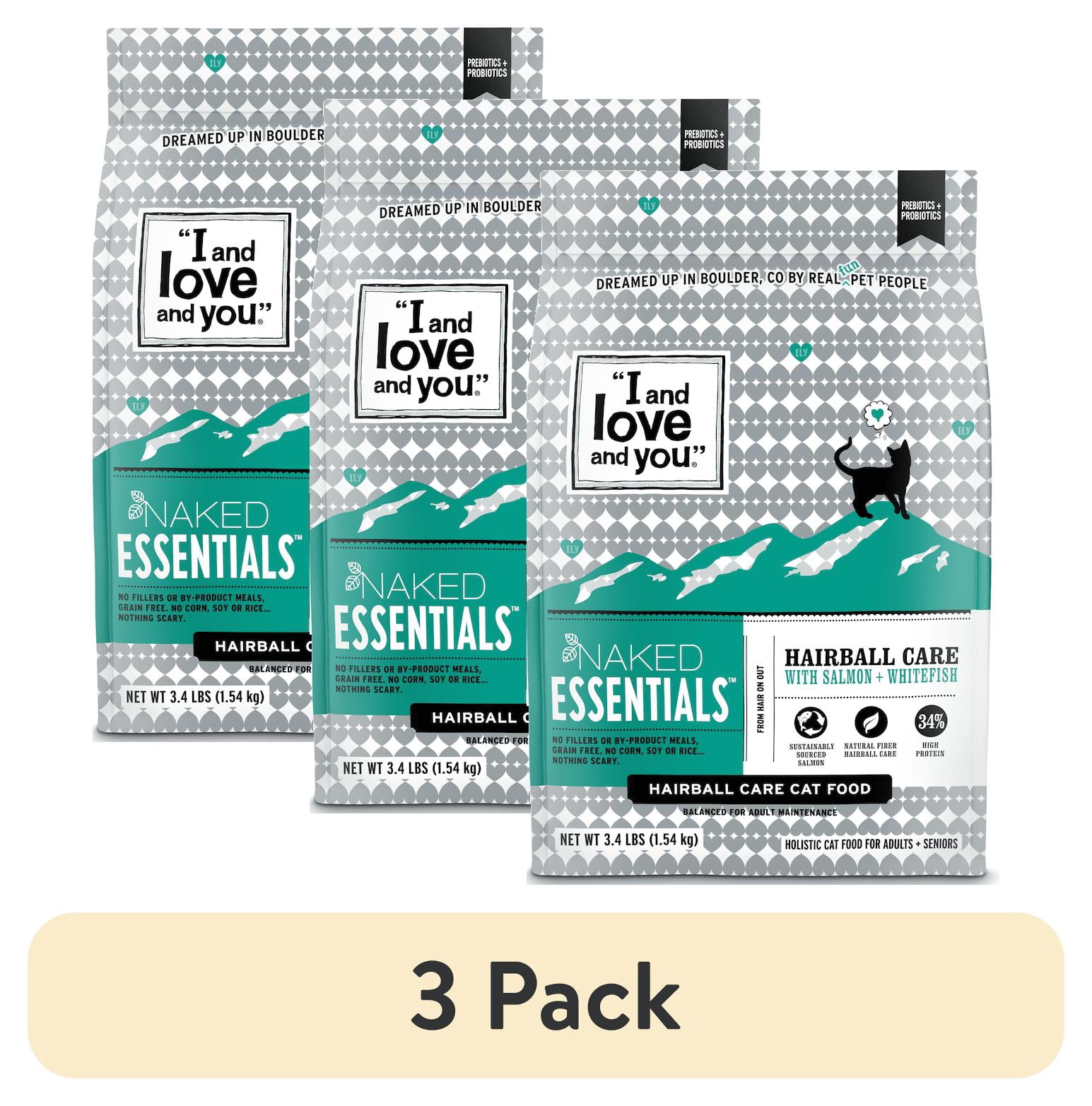 (3 pack) "I and love and you" Naked Essentials Dry Cat Food, Hairball Care with Whitefish and Salmon, 3.4 lb