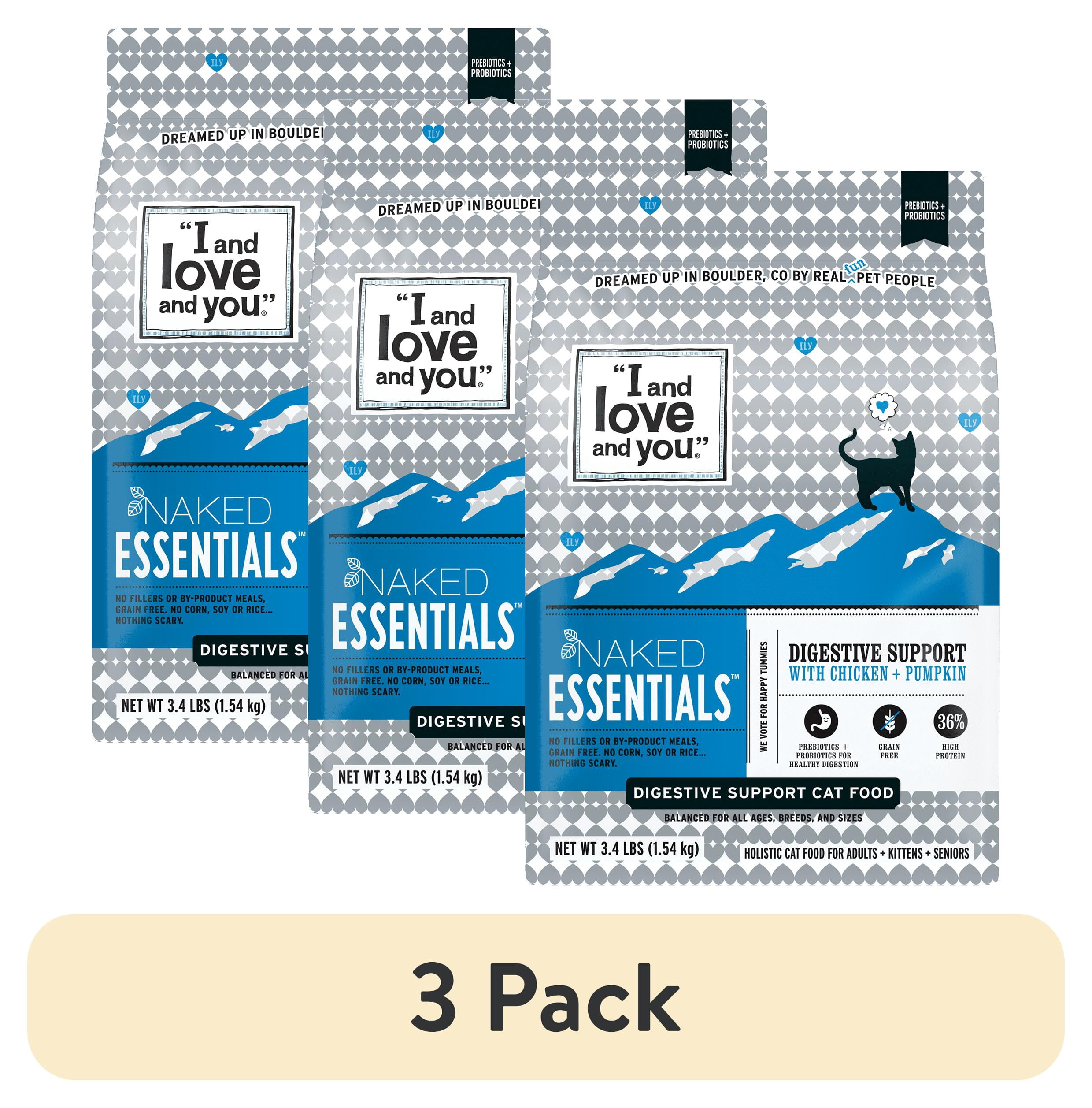 (3 pack) "I and love and you" Naked Essentials Dry Cat Food, Digestive Support Chicken and Pumpkin Recipe, Grain Free, Real Meat, No Fillers, 3.4 lb Bag