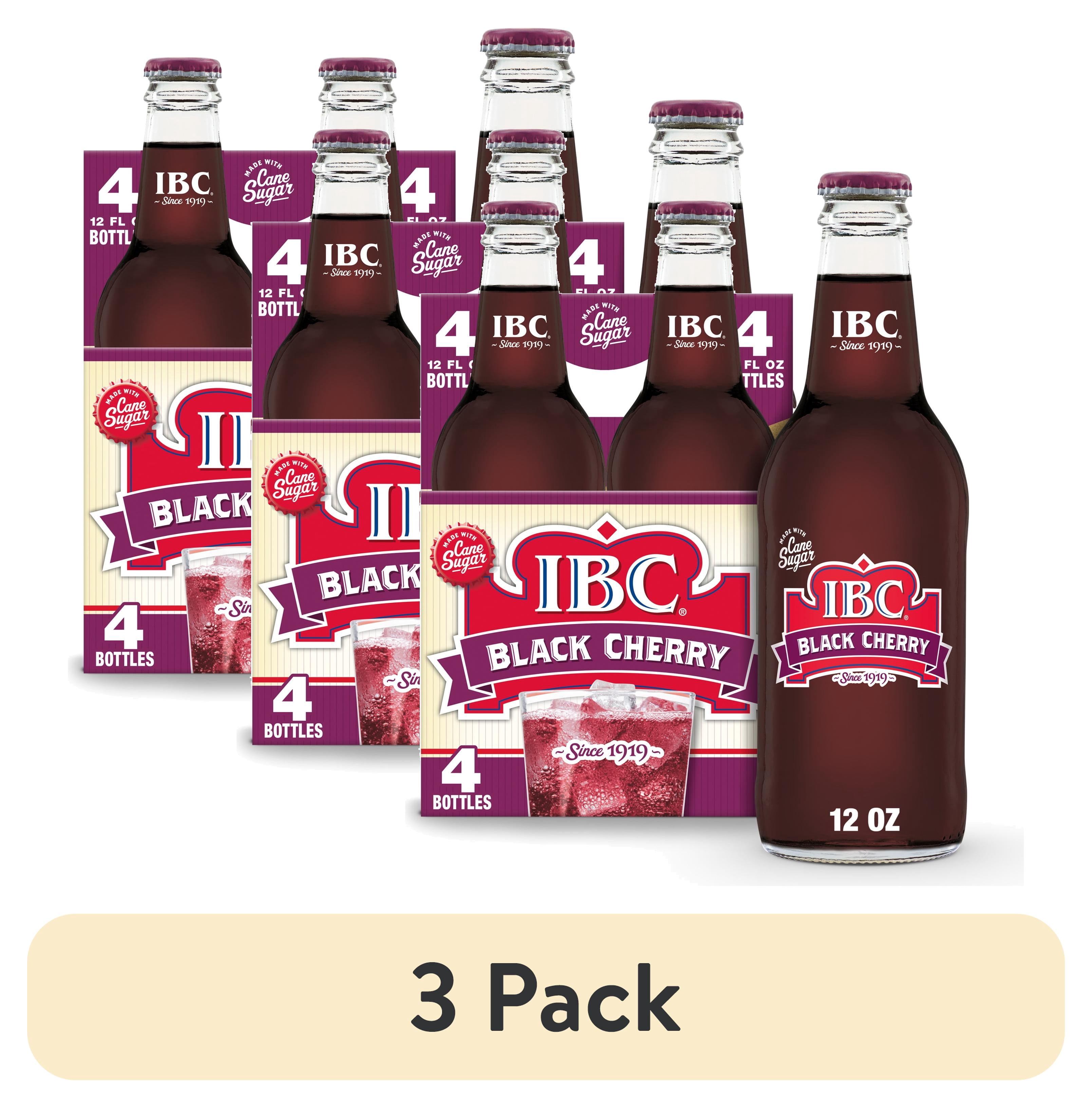 (3 pack) IBC Black Cherry Made with Sugar Soda, 12 fl oz, 4 Pack Glass Bottles