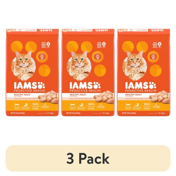 (3 pack) Iams Proactive Health Chicken Flavor Dry Cat Food, 22 Lb Bag